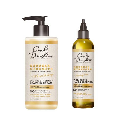Carol’s Daughter Goddess Strength Hair Care Set- Hair & Scalp Oil and Leave In Conditioner with Castor Oil, Made For Curly, Wavy, Natural Hair, Moisturizing Treatment and Detangler Set