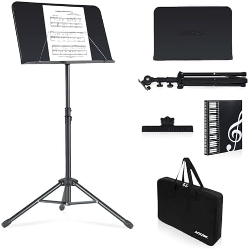 AODSK Sheet Music Stand,5 in 1 Dual-Use Folding Sheet Music Stand & Desktop Book Stand with Portable Carrying Bag & Music Sheet Clip Holder & Sheet Music Book(Black) (AS-M55)