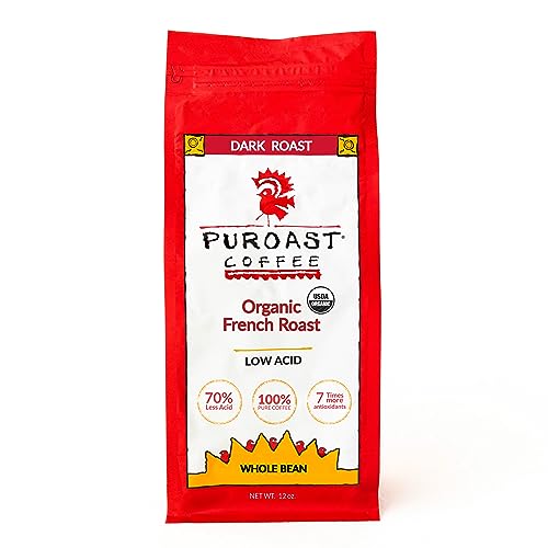 Puroast Low Acid Coffee Bean | Organic French Roast Whole Bean | Dark Roast | High Antioxidants & High pH |No Bitter Aftertaste | Reduced Heartburn & GERD | Suitable for Cold Brew - 12 oz