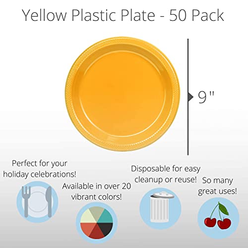 Exquisite 9 Inch. Dinner Plates Yellow Plastic Plates Disposable, 50 Count Yellow Plate Set, Disposable Plates For Party, Heavy Duty Plastic Plates Disposable, Plastic Plates For Party, Party Plates