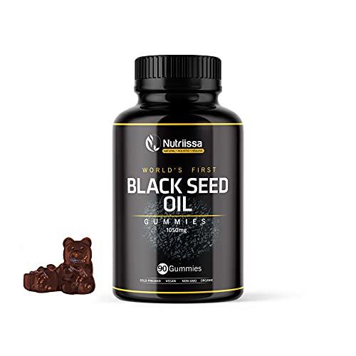 Nutriissa Organic Black Seed Oil Gummy - World's First Gummies w/ 4%+ Thymoquinone – Cold-Pressed Vegan Black Cumin Seed Nigella Sativa Oil – Antioxidant Support – 1050mg (90ct)