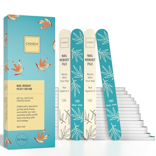 Onsen Secret Japanese Nail File - Professional 20-Pack Nail Files, Double Sided Natural & Acrylic Nail Filers - 120/180 Grit - Disposable, Salon Smooth | Best Onsen Nail File for Shiny Nails