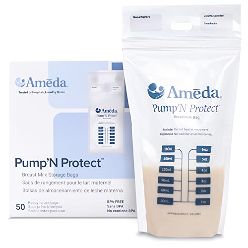 Ameda Pump'N Protect Breastmilk Storage Bag 6oz | 50 Count | Breast Milk Storage Bags for Refrigerator or Freezer | BPA Free | Breastfeeding Essentials | Breastfeeding Supplies
