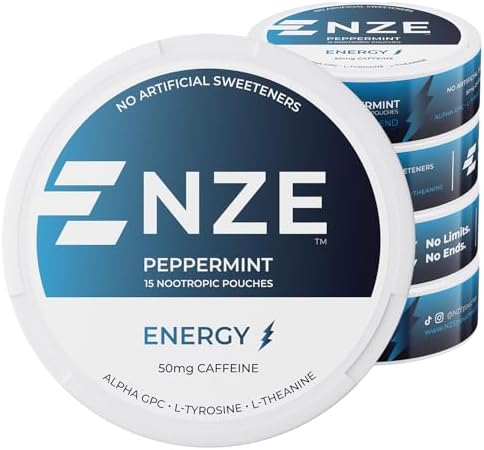 NZE Caffeine Nootropic Pouches (Peppermint) - Nootropic Energy Pouches with 50mg Caffeine, Alpha GPC, L-Tyrosine & L-Theanine with No Sugar or Artificial Sweeteners - 15 Nicotine Free Pouches Per Can