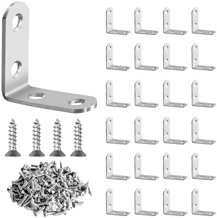 24 Pcs L Bracket Corner Brace MONKIPAER Metal Corner bracket 90 Degree Angle Stainless Steel Bracket with 100 Pcs Screws for securing wooden frames tables chairs bed furniture and other DIY structural