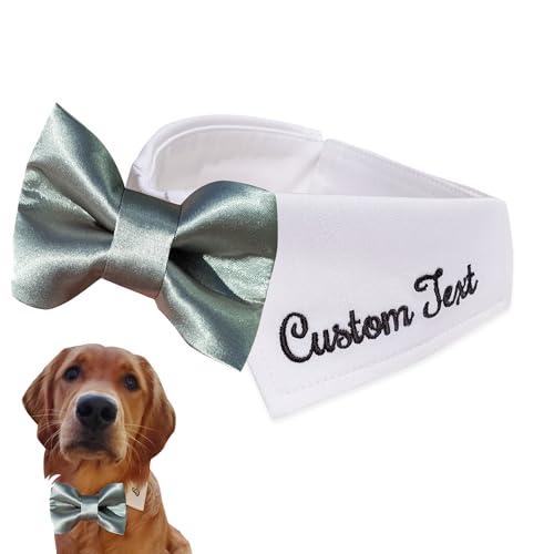 Personalized Dog Collar with Bow Tie & Custom Embroidered Text or Name | Optional Ring Bearer Clasp | White Shirt Collar | Perfect Attire for Wedding & Birthday by ACORD EU (Sage)