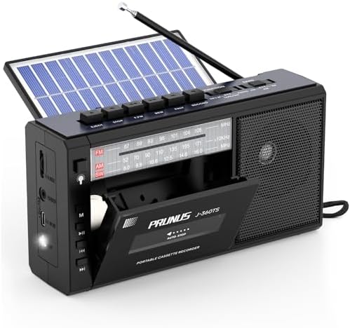 PRUNUS J-360 Cassette Tape Player Boombox with Bluetooth,Tape Player Recorder, AM FM Portable Radio,Solar/Battery Operated/Rechargeable,AUX/TF/USB Drive, Headphone Jack,Tape Recorder Cassette Player