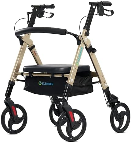 ELENKER Heavy Duty Rollator Walker with Extra Wide Padded Seat and Backrest, Aluminum Bariatric Rolling Walker, 10” Wheels, Support up to 500lbs for Seniors, Adults, Golden
