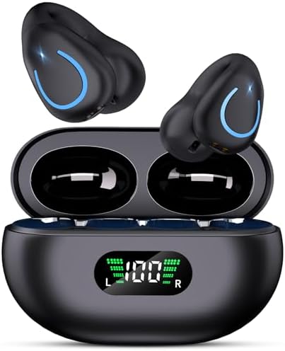 Open Ear Clip On Earbuds Wireless Bluetooth 5.3 Headphones with LED Digital Display Charging Case Button Control Bone Conduction Sport Earphones Built-in Mic IPX7 Waterproof for Running Fitness,Black