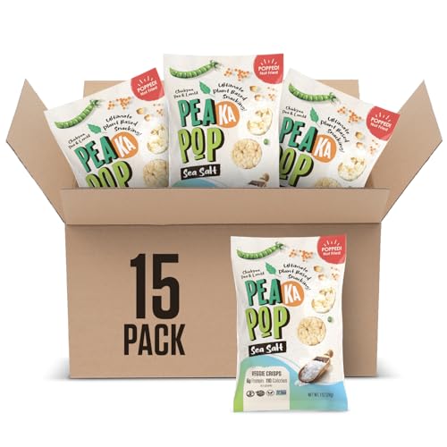 PeaKaPop Veggie Chips – Plant-Based, Healthy Veggie Crisps with Pea, Lentil & Chickpea Protein – Vegan, Gluten-Free, Popped Chips – Snack Size for Kids & Adults – 1 oz Bags (15-Pack) – Sea Salt