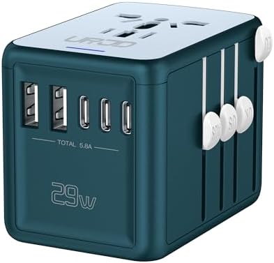 Universal Travel Adapter with 5.8A 3X 3.0A USB-C Ports, 2X 2.4A USB-A Ports and Multi AC Outlets, International Power Plug Adapter Worldwide Travel Charger for EU UK AUS USA (Type C/G/I/A Plug)