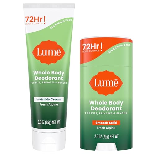 Lume Whole Body Deodorant - Invisible Cream Tube and Solid Stick - 72 Hour Odor Control - Aluminum Free, Baking Soda Free, Skin Loving - 3.0 Ounce Tube and 2.6 Ounce Solid Stick Bundle (Fresh Alpine)