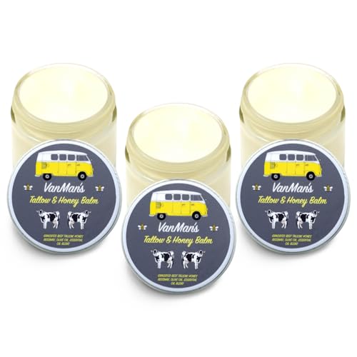 Vanman's Tallow and Honey Balm With No Added Scent (3 Pack) - Beef Tallow Face Moisturizer with Grass-Fed/Finished Beef Tallow for Skin, Organic Raw Honey and Beeswax, Cold Pressed Olive Oil - 2 oz