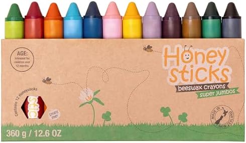 Honeysticks Super Jumbo Crayons (12 Pack) - 100% Pure Beeswax Crayons with Food Grade Colors, Non Toxic Crayons for Toddlers 1-3 Unbreakable, Extra Large Crayons, Easy to Hold and Use, Eco-Friendly