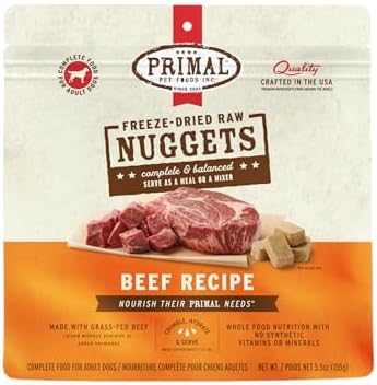 Primal Freeze Dried Raw Dog Food Nuggets, Beef, Complete & Balanced Meal, Also Use as Topper or Treat, Premium, Healthy, Grain Free, High Protein Raw Dog Food, 5.5 oz