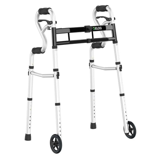Delog Narrow Folding Walker for Seniors, 3 in 1 Folding Walker with 5” Front Wheels Width Adjustable Compact Standard Walker Support Up to 350lbs