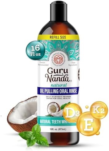 GuruNanda Coconut Oil Pulling, Fresh Breath & Whitening Mouthwash, 7 Essential Oils & Vitamins for Happy Teeth & Gums, Alcohol-Free, 16 oz