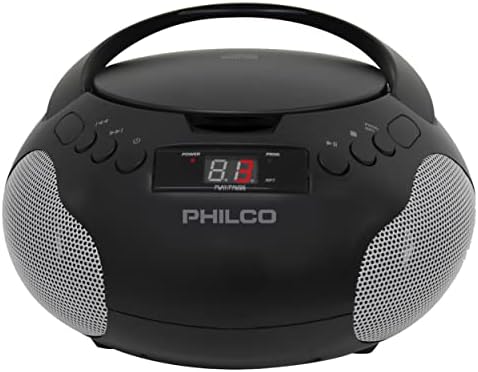 Philco Portable CD Player Boombox with Speakers and AM FM Radio | Black Boom Box Compatible with CD-R/CD-RW and Audio CD | 3.5mm Aux Input | Stereo Sound | LED Display | AC/Battery Powered