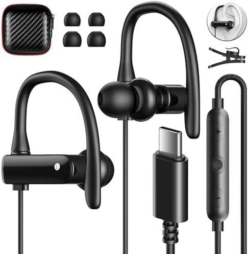 USB C Headphones Over Ear Hooks for iPhone 16 15 Pro Max Plus, Wrap Around Ear Buds with Loops Mic Type C Earphones Running Sport Wired Earbuds for Samsung Galaxy S24 Ultra S23 Fe S22 A35 Pixel 8 7