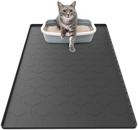 Silicone Cat Litter Trapping Mat, Large Waterproof 34" X 22" Cat Litter Box Mat, Easy to Clean, Black