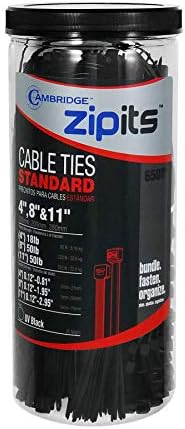 CAMBRIDGE ZipIts 650 Peices Assorted Cable Ties 3 Sizes 4-in, 8-in,11-in, Black UV Resistant, Nylon 6/6, UL Listed, Contractor Grade Quality Wire Ties