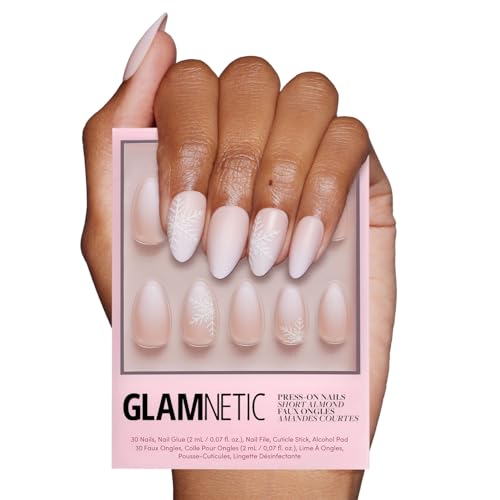 Glamnetic Press On Nails - Snowdrift | Opaque Gradient Ombre & Snowflake Graphic Short Almond False Nails, Reusable Stick On Fake Nails with Glue | Salon Quality | 15 Sizes - 30 Nail Kit