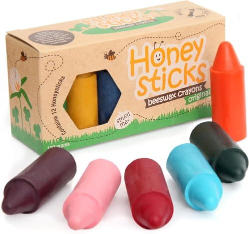 Honeysticks 100% Pure Beeswax Crayons (12 Pack) - Non-Toxic Crayons, Safe for Babies and Toddlers, For 1 Year Plus, Handmade in New Zealand with Natural Beeswax and Food-Grade Colors, Eco-Friendly.