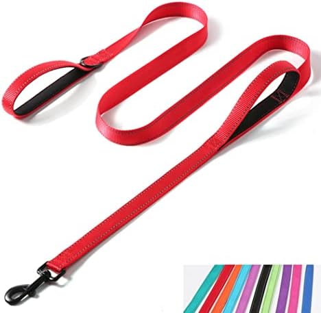 Reflective Nylon Dog Leash Heavy Duty, Two Handles with Padded for Extra Control Outside Durable Training Lead for Small Medium Large Breed Pet Dogs, 5ft Long 1-inch Width, Red