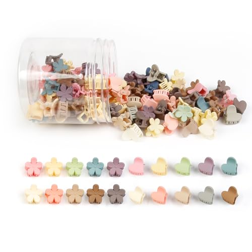 100Pcs Colorful Mini Flower Hair Clips Set, TEBIEKOY Small Hair Clips Mini Heart Hair Claw Clip Cute Jaw Clips Hair Pins Hair Barrettes Tiny Flower Hair Accessories for Women