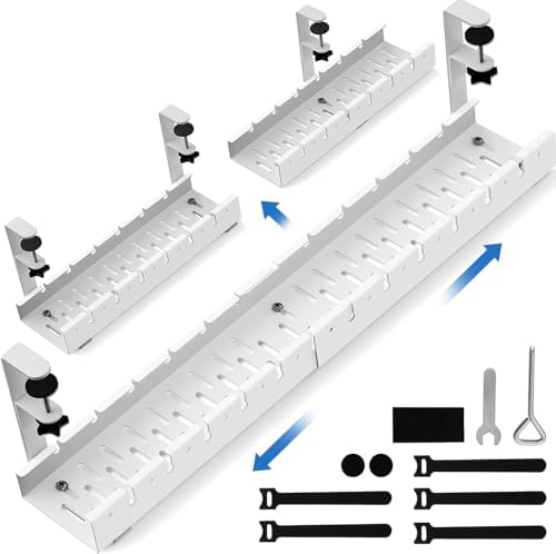No Drilling Extendable Under Desk Cable Management, Metal Cable Management Tray Under Desk with Clamp, Retractable Power Strip Cord Holder for Wire Management 31Inch (White)