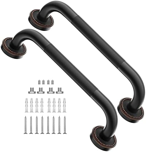 2 Pack 12 Inch Anti Slip Shower Grab Bar Oil Rubbed Black Bronze, ZUEXT Antique Brass Bathroom Grab Bar, Knurled Bath Balance Bar, Safety Handrail Support, Handicap Elderly Senior Assist Bath Handle