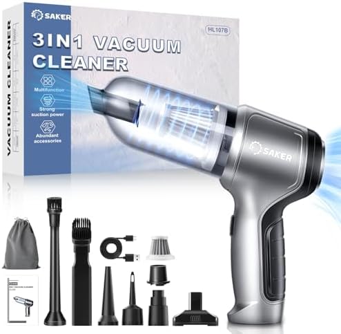 Saker Car Vacuum Portable Cordless 3 in 1 Handheld Car Vacuum 15000PA High Power with Brushless Motor and TypeC for Car,Office,Home Cleaning HL107B