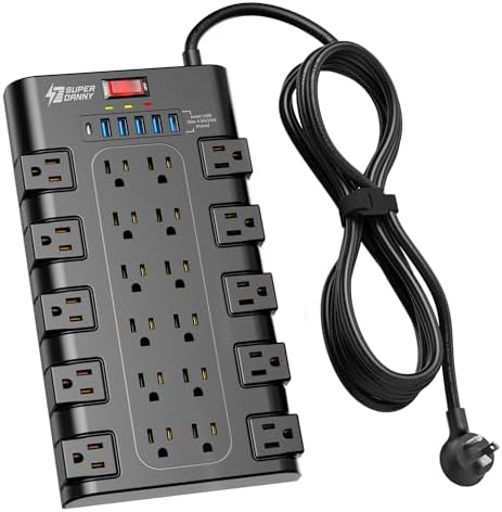 Extension Cord 10 Ft, SUPERDANNY Power Strip Surge Protector with 6 USB Charging Ports and 22 AC Outlets, 1875W/15A, 2100 Joules, Flat Plug Power Outlet for Home, Office, Dorm, Gaming Room, Black