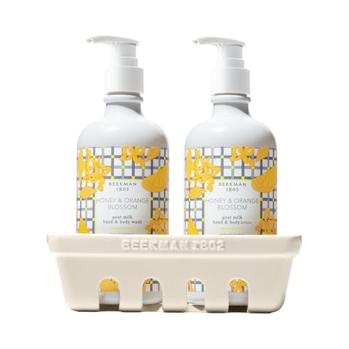 Beekman 1802 Hand Wash & Lotion Ceramic Caddy Set - 12.5 oz Each - Deeply Cleanses & Hydrates Dry Hands - With Goat Milk - Good for Sensitive Skin - Cruelty Free - Packaging May Vary