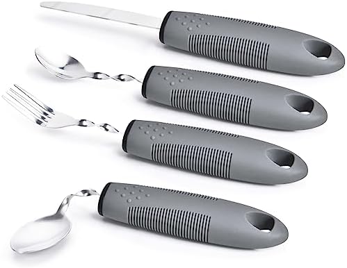 Weighted Utensils for Hand Tremors, Weighted Silverware for Parkinsons Patients Arthritic Hands, Built Up Utensils for Adults, Adaptive Eating Utensils (Grey-Bendable Utensils)