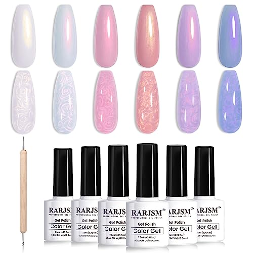 RARJSM Pearl Gel Nail Polish Set Iridescent Shell Glitter Gel Polish 6 Sunset Colors Light Purple Blue Pink Red Gold Shimmer Mermaid Swirl Thread Effect Soak Off LED UV Curing Requires Home Salon