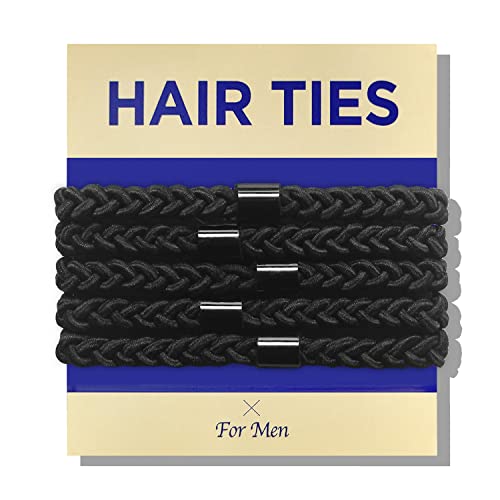 Braided Mens Hair Ties For Men - For Buns Curly Thick Dense Hair Elastic Hair Ties For Guys | No damage Crease Breakage Black 5 Count (Pack of 1)