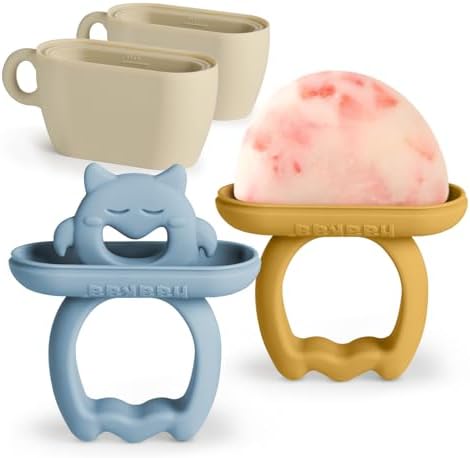 Haakaa Chilly Monster Popsicle Molds, Silicone Breastmilk Popsicle Molds for Baby Teething Relief, BPA Free Ice Pop Molds&Frozen Breast Milk Teether Popsicle Maker for Infant 6m+ (Sky Blue + Mustard)