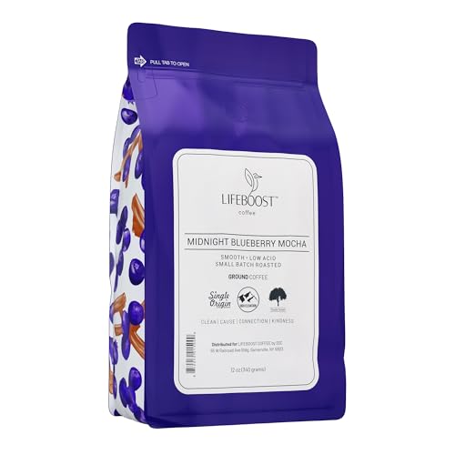 Lifeboost Midnight Blueberry Mocha Ground Coffee - Low Acid Single Origin Coffee - Non-GMO Wild Blueberry Coffee Grounds Third Party Tested For Mycotoxins & Pesticides - 12 Ounces