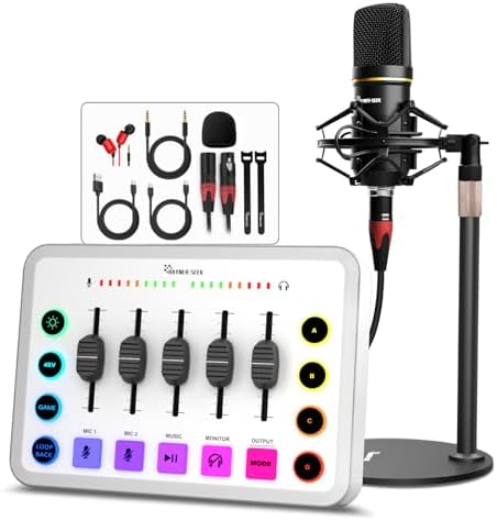 Gaming Audio Mixer Bundle, RGB XLR Audio interface with 48V Condenser Microphone, 5-Channels, Volume Fader, Mute Button for Streaming,Recording,Podcast Equipment Bundle-White