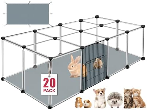 20 Panels Small Animals Playpen, Transparent Pet Playpen with Waterproof Mat, Plastic Enclosure, Pet Fence Yard Fence for Guinea Pigs, Bunny, Ferrets, Hamsters, Hedgehogs for Indoors Outdoor