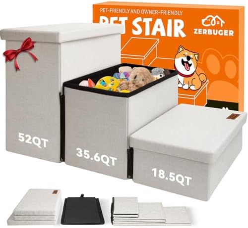 Dog Stairs with Storage 17.5" H, 3-Step Wider Dog Steps for Small/Medium/Large Dogs Cats, Folding Sturdy Pet Stairs Climbing Bed or Sofa, Dog Ramp for Car Hold Up to 200 lbs (Beige Gray, No Condo)