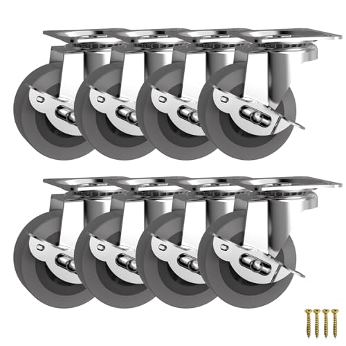 2" Caster Wheels, Casters Set of 8, Heavy Duty Casters with Brake, Locking Casters with Rubber Wheels，Plate Swivel Casters Wheels for Furniture Cart and Workbench,Pack of 8