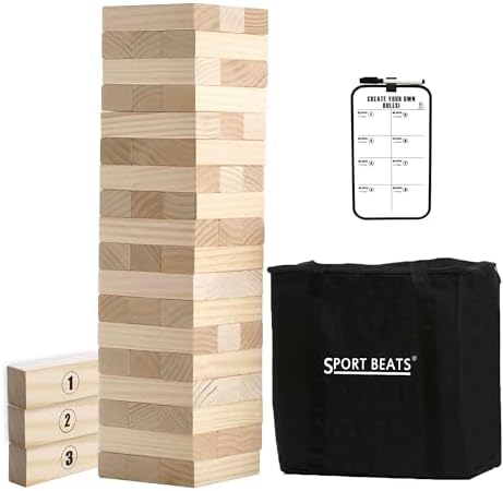 SPORT BEATS Outdoor Games Large Tower Game 54 Blocks Stacking Game Includes Carry Bag and Scoreboard
