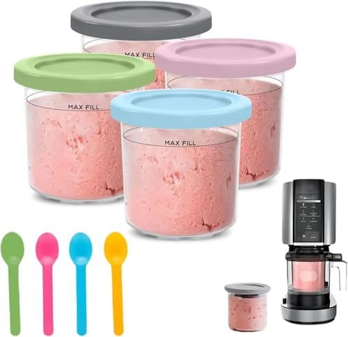 4-Pack Ice Cream Containers with Lids – Compatible with Ninja Creami NC301, NC300, NC299AMZ, CN301CO Series – Stackable 16oz Freezer Storage Cups – BPA-Free & Dishwasher Safe (Pink, Grey, Blue, Green)
