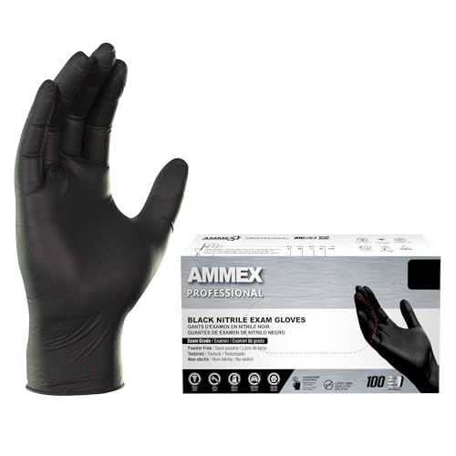 AMMEX Black Nitrile Exam Gloves, Box of 100, 3 Mil, Size X-Large, Latex Free, Powder Free, Textured, Disposable, Non-Sterile, Food Safe, ABNPF48100-BX