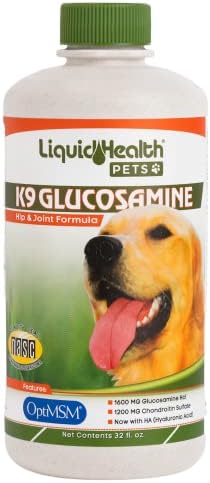 LIQUIDHEALTH 32 Oz K9 Liquid Glucosamine for Dogs, Puppies and Senior Canines - Chondroitin, MSM, Hyaluronic Acid – Joint Health, Dog Vitamins Hip Joint Juice, Dog Joint Oil