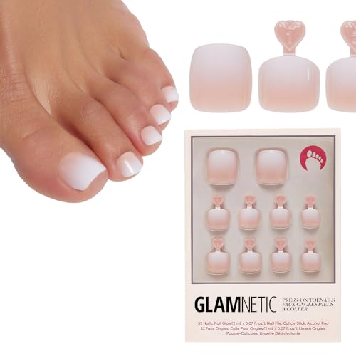 Glamnetic Press On Toenails - Creamer | Neutral Nude and White Ombre Fake Toe Nails with a Glossy Finish | 16 Sizes - 32 Toe Nail Kit with Glue