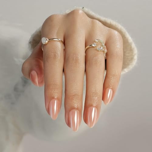 Chrome Nude Press on Nails Almond - SHANGMENG Soft Gel Glazed Press on Nails Short for Women Gift, Fit Perfectly & Natural Stick on Nails with Glue in 16 Sizes - 32 Reusable Fake Nails, Aurora Nude