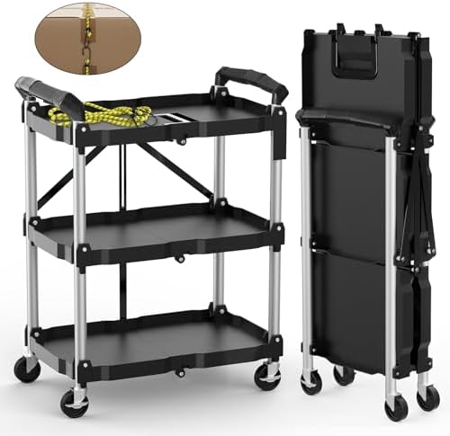 HIMIX Foldable Utility Carts with Wheels, 3-Tier Holds 240lbs Folding Rolling Cart with Fixed Rope, Collapsible Service Cart for Home, Office, Garage, and Warehouse - No Assembly Required